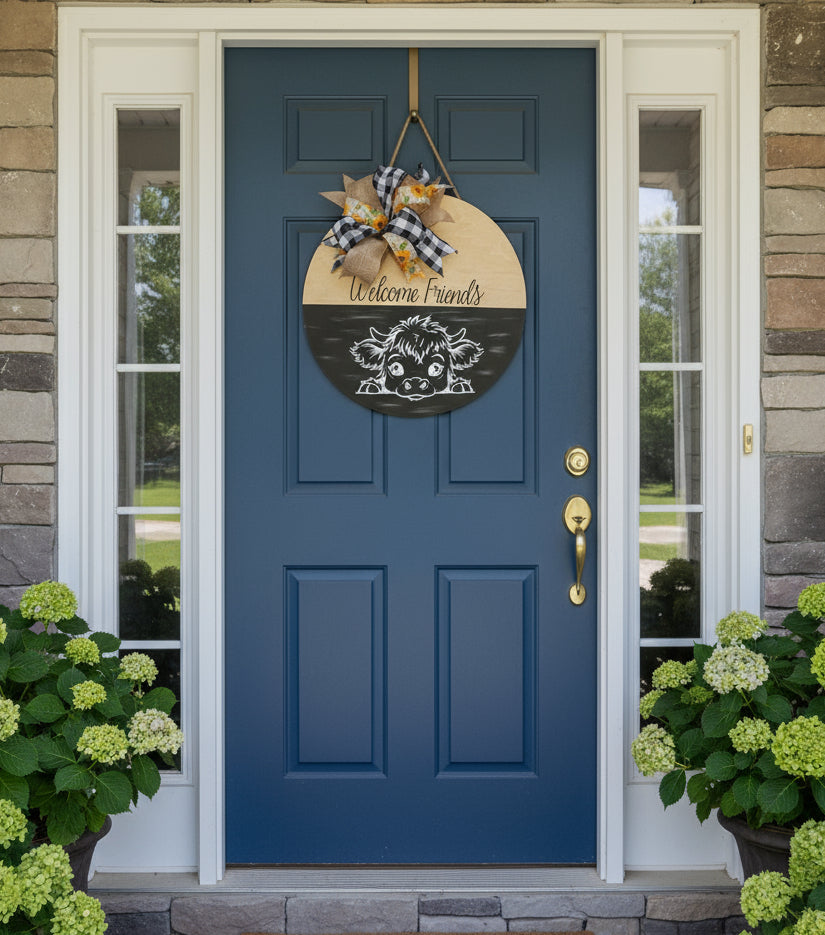 'WELCOME FRIENDS' 
18" Black and light brown distressed wooden door sign with baby highland cow and matching bow.