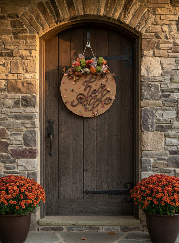 'HELLO FALL'
18" Beautiful Hazelnut colored wooden door sign.  Emmblelished with coordinated ribbon, leaves and acorns. 
