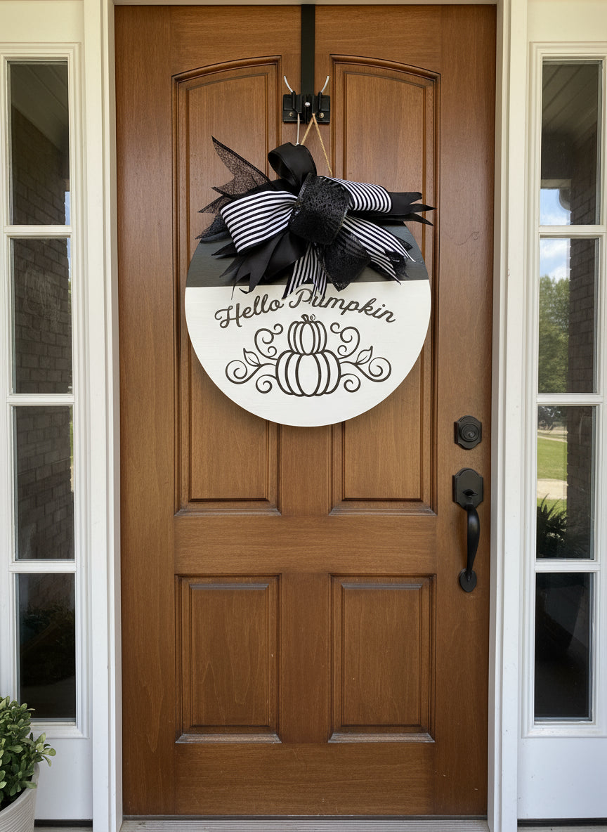 'HELLO PUMPKIN'
18" Black & White wooden door sign with pumpkins and coordinating bow.  