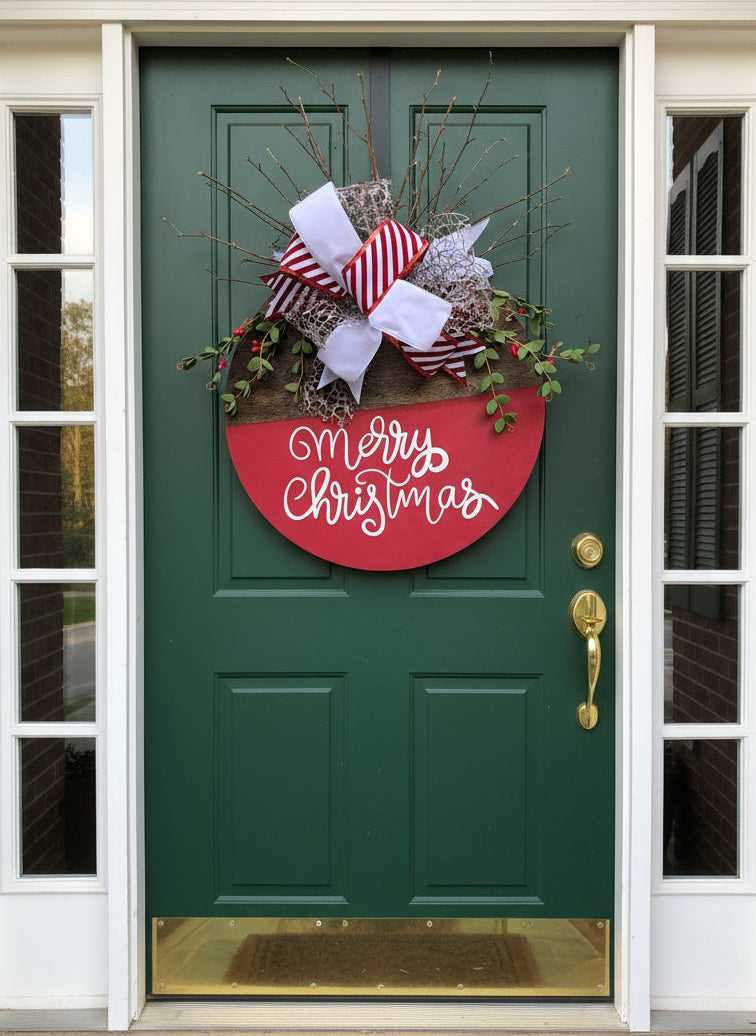 'MERRY CHRISTMAS' 
15" Red and stain wooden door sign.  Festive coordinating bow with greenery and holly berries.
