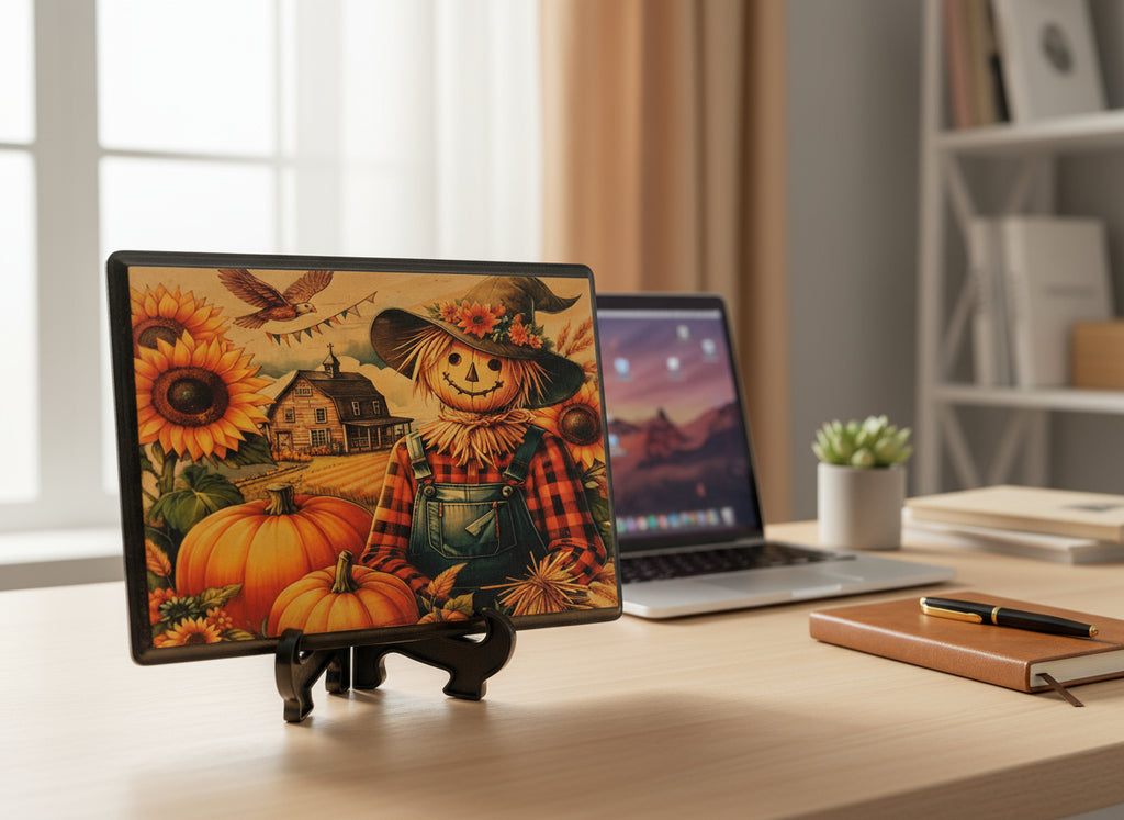 'SCARECROW'
Rectangle wooden plaque with scarecrow and pumpkins.