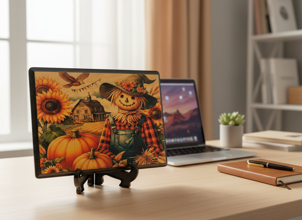 'SCARECROW'
Rectangle wooden plaque with scarecrow and pumpkins.