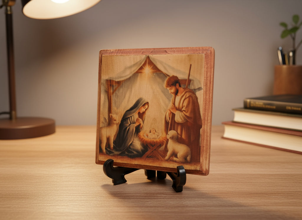 'NATIVITY'
Square wooden nativity plaque.