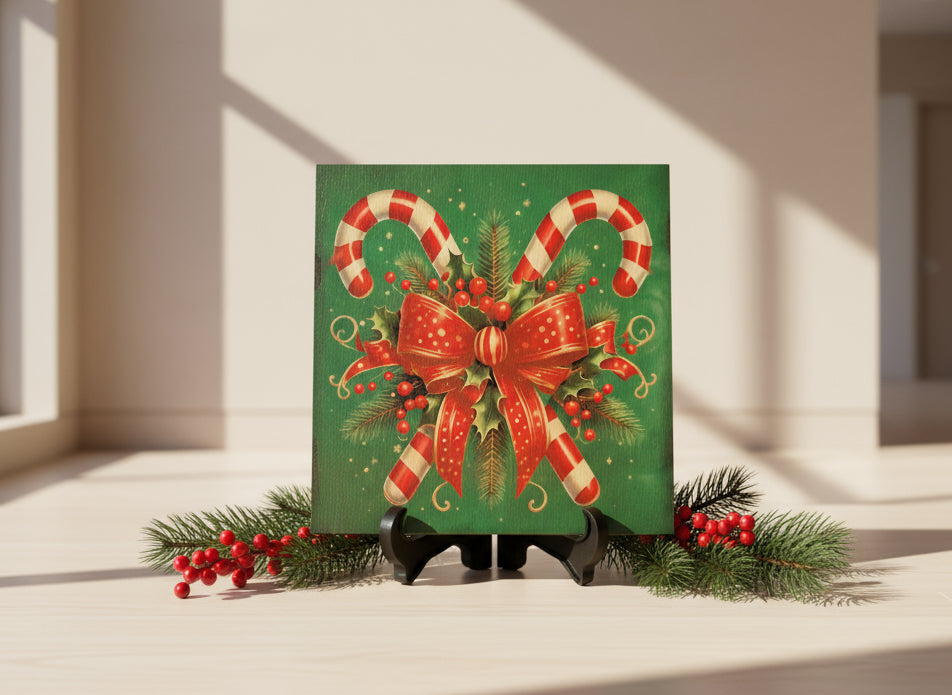 'CANDY CANES'
Square wooden plaque with candy canes and bow.