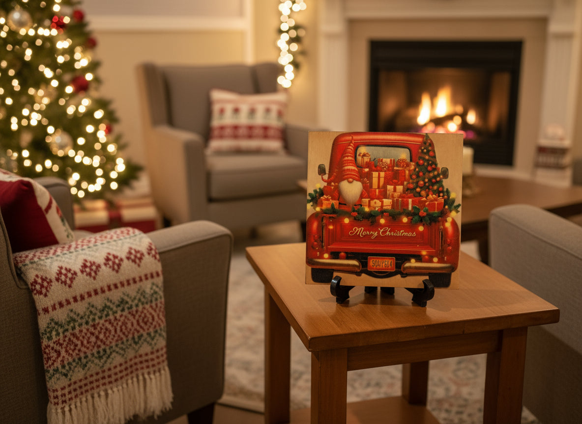 'RED CHRISTMAS TRUCK'
Square wooden Christmas truck with gnome and gifts.